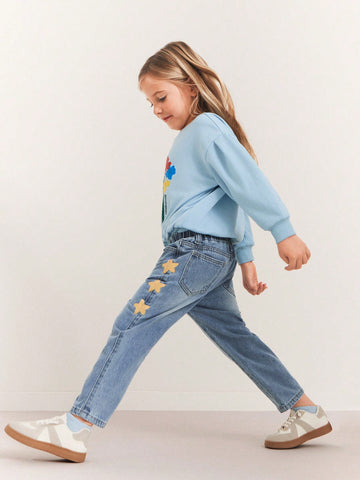 THE HAPPY LOOK Young Girls Star Print Loose Elastic Waist Blue Denim Straight Jeans
