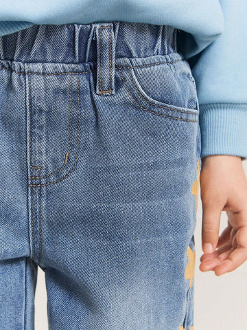 THE HAPPY LOOK Young Girls Star Print Loose Elastic Waist Blue Denim Straight Jeans