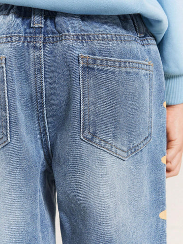 THE HAPPY LOOK Young Girls Star Print Loose Elastic Waist Blue Denim Straight Jeans