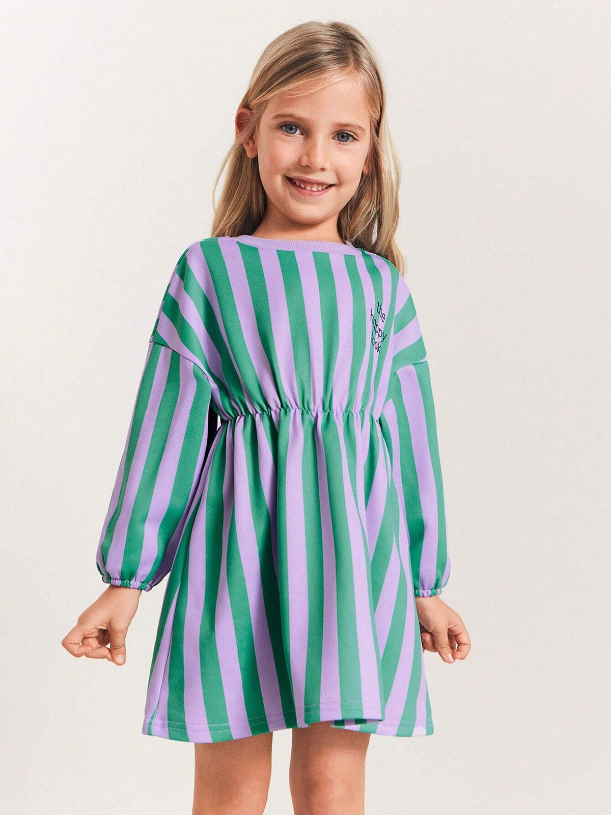 THE HAPPY LOOK Young Girls Striped & Printed Purple Round Neck Batwing Sleeve Casual Daily Dresses, Autumn/Winter