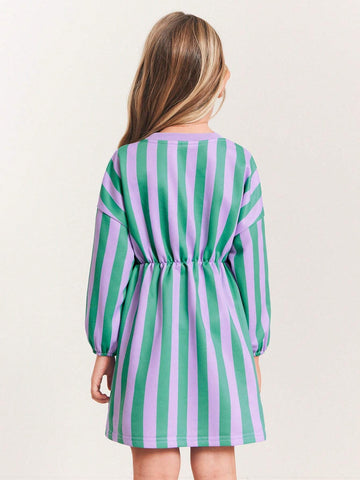 THE HAPPY LOOK Young Girls Striped & Printed Purple Round Neck Batwing Sleeve Casual Daily Dresses, Autumn/Winter