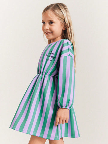 THE HAPPY LOOK Young Girls Striped & Printed Purple Round Neck Batwing Sleeve Casual Daily Dresses, Autumn/Winter