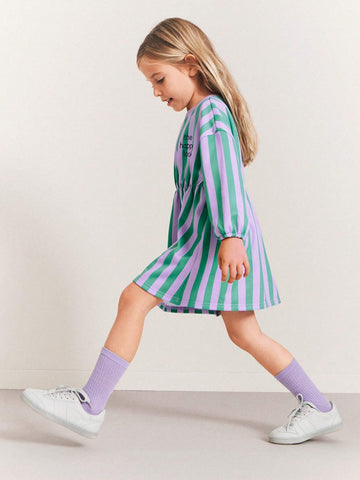 THE HAPPY LOOK Young Girls Striped & Printed Purple Round Neck Batwing Sleeve Casual Daily Dresses, Autumn/Winter