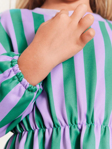THE HAPPY LOOK Young Girls Striped & Printed Purple Round Neck Batwing Sleeve Casual Daily Dresses, Autumn/Winter