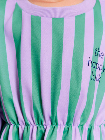 THE HAPPY LOOK Young Girls Striped & Printed Purple Round Neck Batwing Sleeve Casual Daily Dresses, Autumn/Winter
