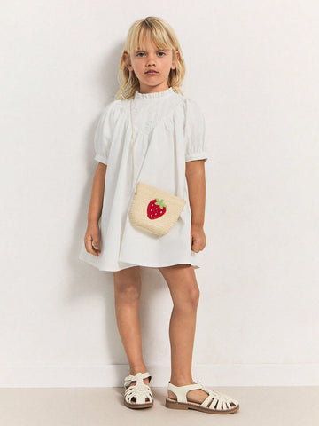 THE HAPPY LOOK Young Girls White Casual & Holiday Flare Dress With Embroidered Collar, Loose Fit Design