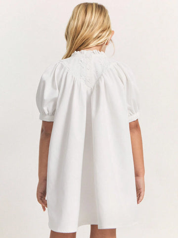 THE HAPPY LOOK Young Girls White Casual & Holiday Flare Dress With Embroidered Collar, Loose Fit Design
