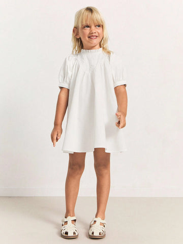 THE HAPPY LOOK Young Girls White Casual & Holiday Flare Dress With Embroidered Collar, Loose Fit Design