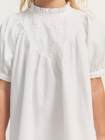 THE HAPPY LOOK Young Girls White Casual & Holiday Flare Dress With Embroidered Collar, Loose Fit Design