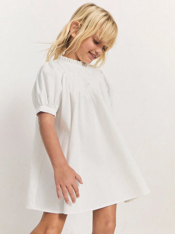 THE HAPPY LOOK Young Girls White Casual & Holiday Flare Dress With Embroidered Collar, Loose Fit Design