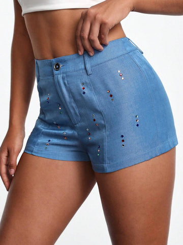 NERVE Denim-Look Printed Rhinestone Embellished Skinny Shorts
