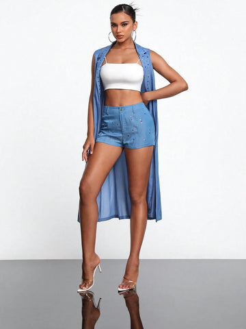 NERVE Denim-Look Printed Rhinestone Embellished Skinny Shorts