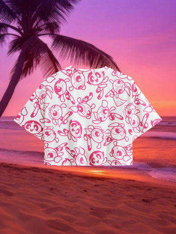 Women's Summer Cartoon Printed Round Neck Short Sleeve Casual Crop