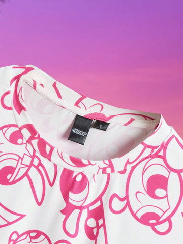 Women's Summer Cartoon Printed Round Neck Short Sleeve Casual Crop