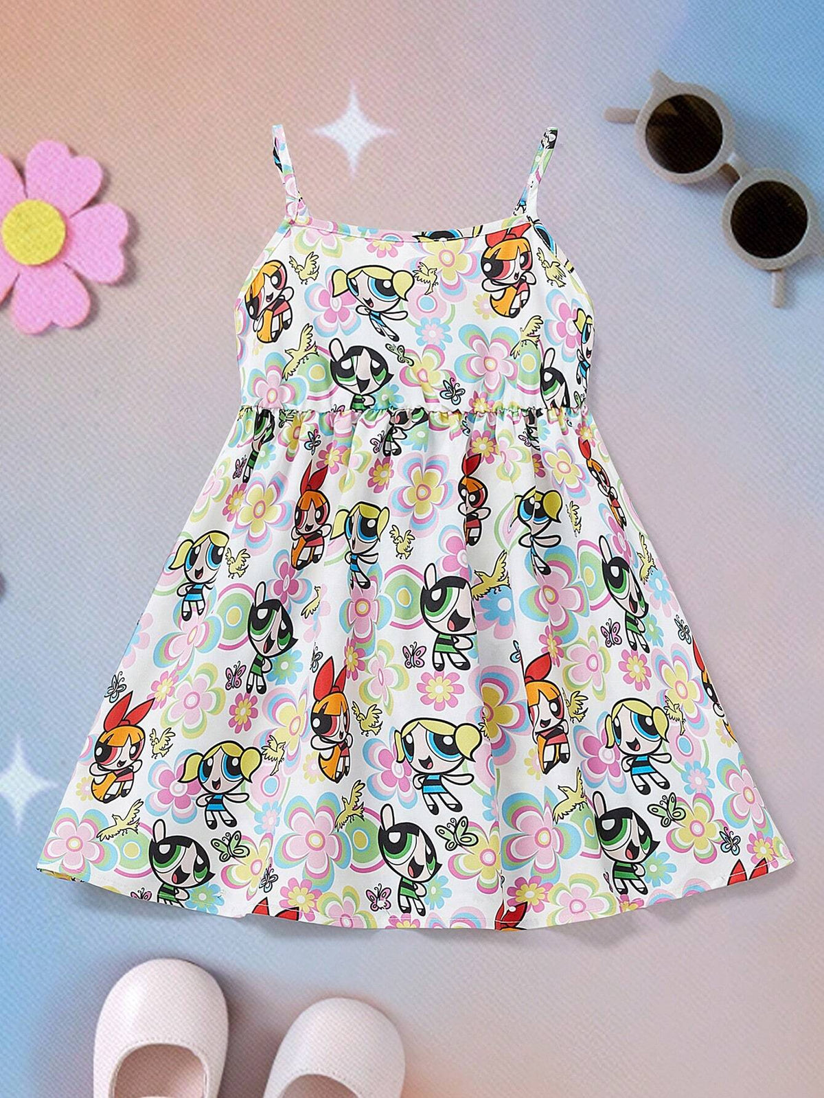 Young Girl Colorful Floral Butterfly & Cartoon Character All-Over Print Spaghetti Strap Ruffle Skater Dress