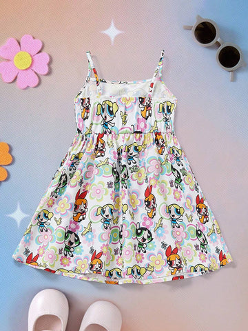 Young Girl Colorful Floral Butterfly & Cartoon Character All-Over Print Spaghetti Strap Ruffle Skater Dress