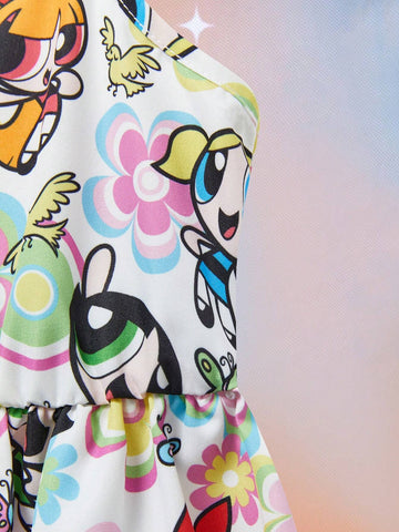 Young Girl Colorful Floral Butterfly & Cartoon Character All-Over Print Spaghetti Strap Ruffle Skater Dress