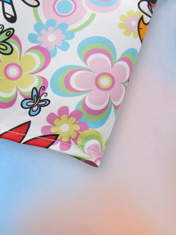 Young Girl Colorful Floral Butterfly & Cartoon Character All-Over Print Spaghetti Strap Ruffle Skater Dress