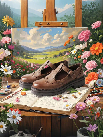 Pair Women's Retro Fashion Casual Brogue Embroidered T-Strap Mary Jane Platform Loafers