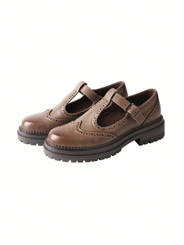 Pair Women's Retro Fashion Casual Brogue Embroidered T-Strap Mary Jane Platform Loafers