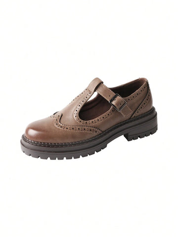 Pair Women's Retro Fashion Casual Brogue Embroidered T-Strap Mary Jane Platform Loafers