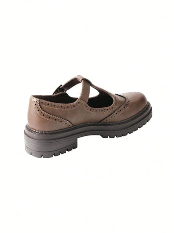 Pair Women's Retro Fashion Casual Brogue Embroidered T-Strap Mary Jane Platform Loafers