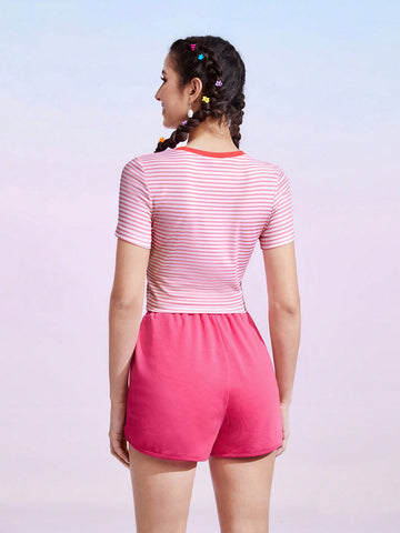 Letter & Striped Print Short Sleeve T-Shirt And Shorts