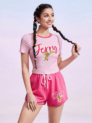 Letter & Striped Print Short Sleeve T-Shirt And Shorts