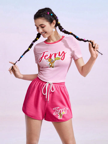 Letter & Striped Print Short Sleeve T-Shirt And Shorts