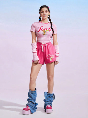 Letter & Striped Print Short Sleeve T-Shirt And Shorts
