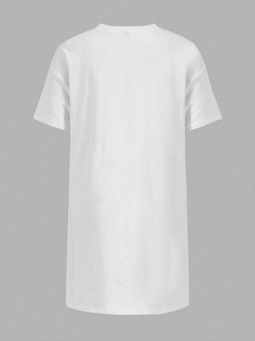 Women's Casual Cartoon Letter Print Oversized White T-Shirt Dress, Summer