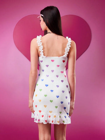 TOM & JERRY X SHEIN Women's Cute Heart & Mouse Print Ruffle Hem Summer Dress