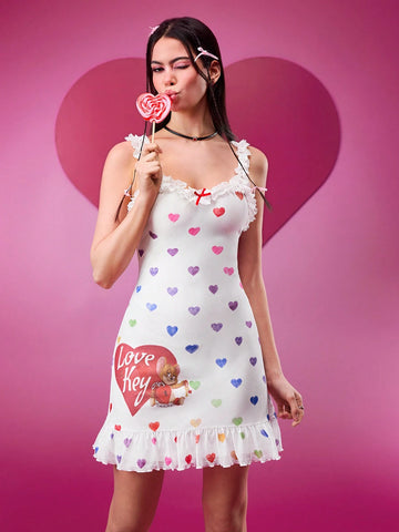 TOM & JERRY X SHEIN Women's Cute Heart & Mouse Print Ruffle Hem Summer Dress
