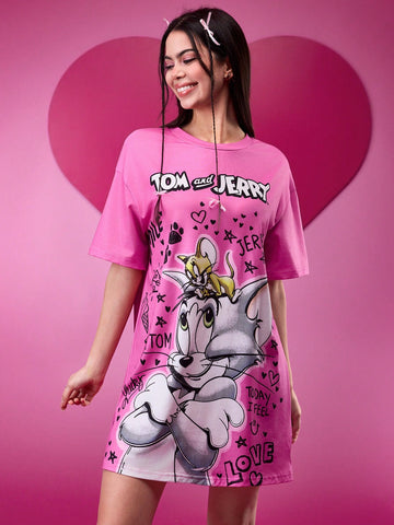 Women's Round Neck Loose Pink Cartoon Pattern Trendy And Cool Daily Casual Cute Short T-Shirt Dress, Valentine's Day, Spring And Summer