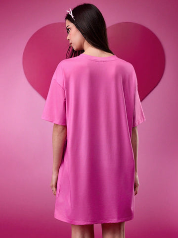 Women's Round Neck Loose Pink Cartoon Pattern Trendy And Cool Daily Casual Cute Short T-Shirt Dress, Valentine's Day, Spring And Summer