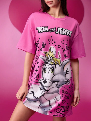Women's Round Neck Loose Pink Cartoon Pattern Trendy And Cool Daily Casual Cute Short T-Shirt Dress, Valentine's Day, Spring And Summer