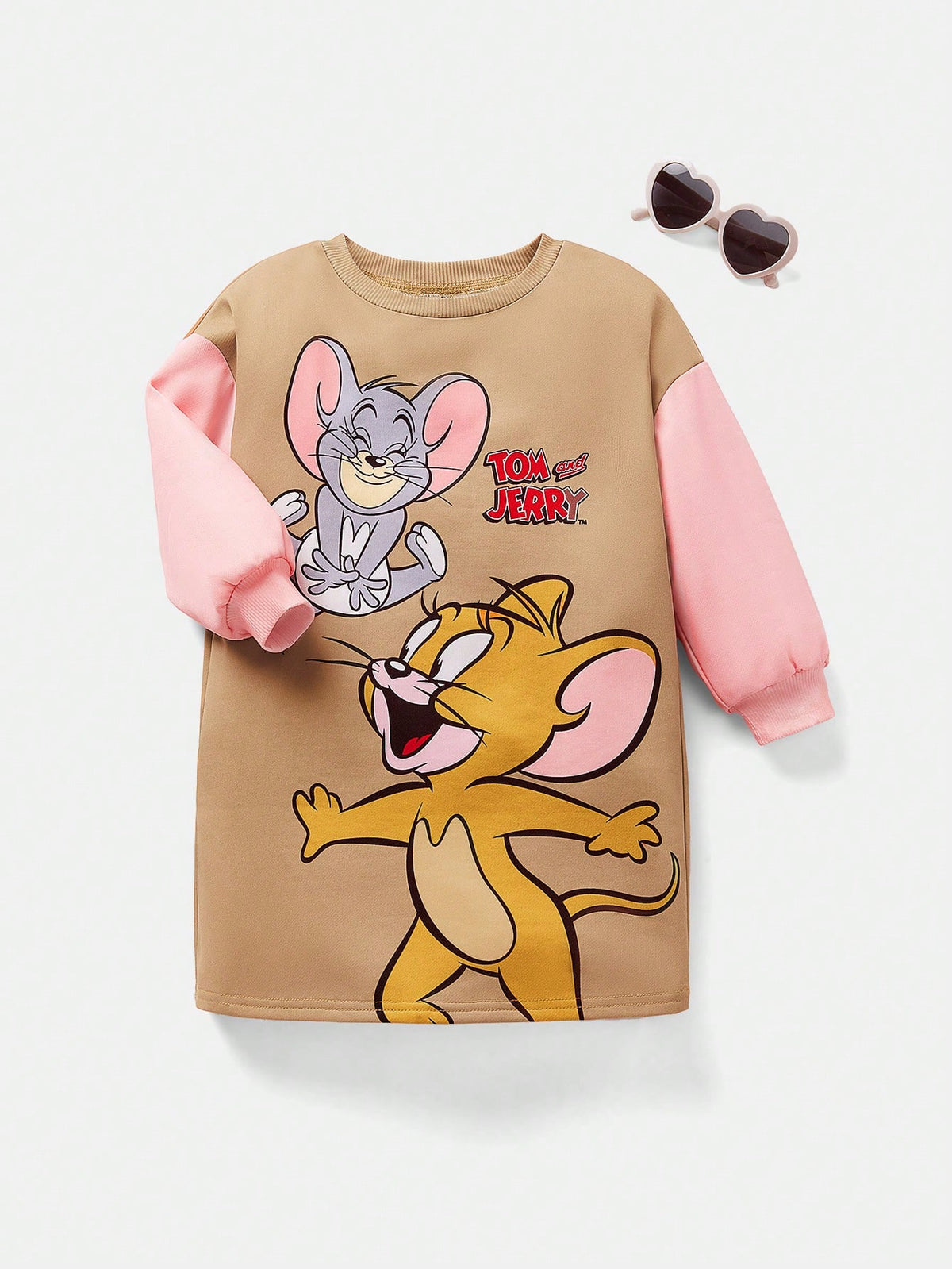 Young Girl Cartoon Jerry Print Colorblock Cute Casual Long Sleeve Dress, Autumn/Winter