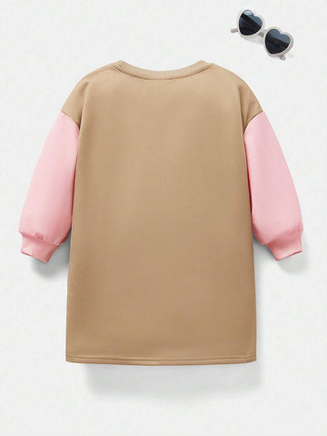 Young Girl Cartoon Jerry Print Colorblock Cute Casual Long Sleeve Dress, Autumn/Winter