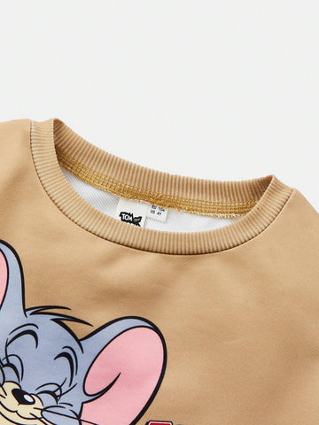 Young Girl Cartoon Jerry Print Colorblock Cute Casual Long Sleeve Dress, Autumn/Winter