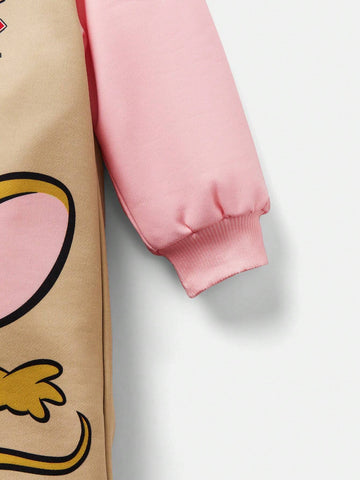 Young Girl Cartoon Jerry Print Colorblock Cute Casual Long Sleeve Dress, Autumn/Winter
