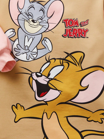 Young Girl Cartoon Jerry Print Colorblock Cute Casual Long Sleeve Dress, Autumn/Winter