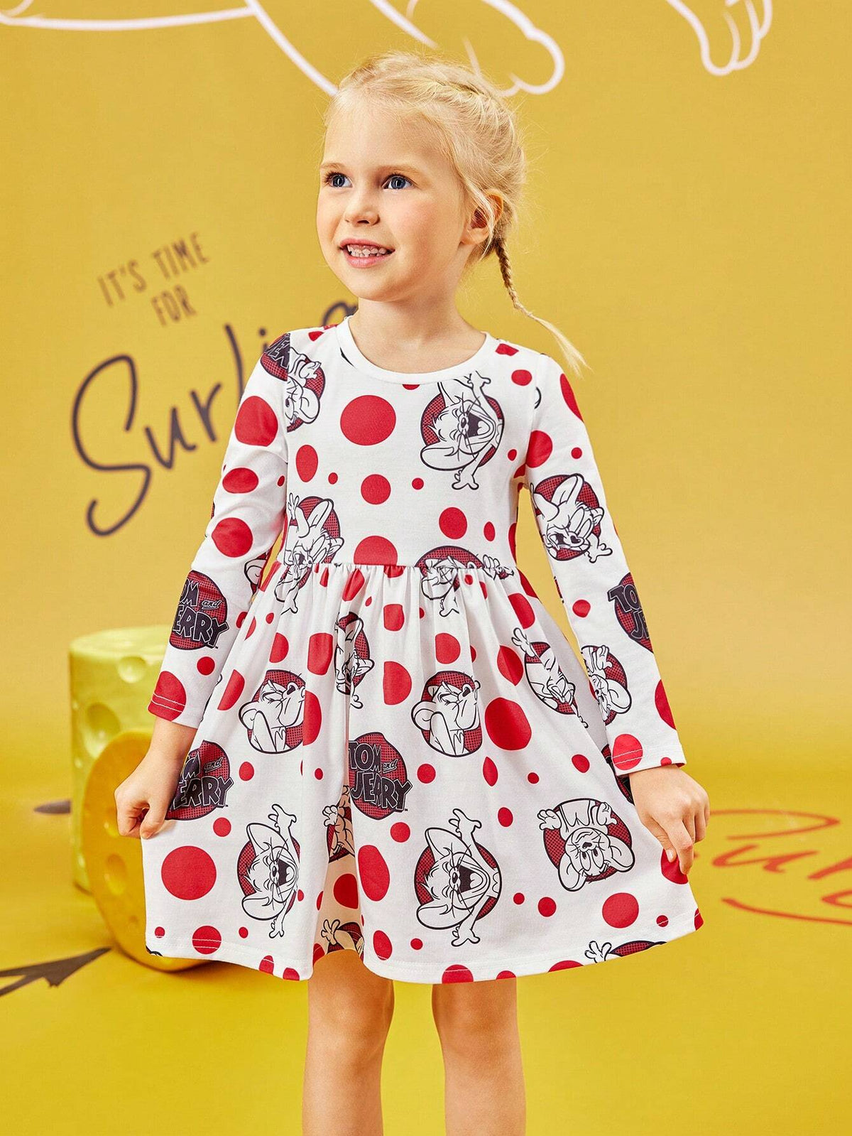 Young Girl Cartoon Polka Dot Print Waisted Long Sleeve Dress