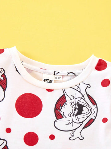 Young Girl Cartoon Polka Dot Print Waisted Long Sleeve Dress