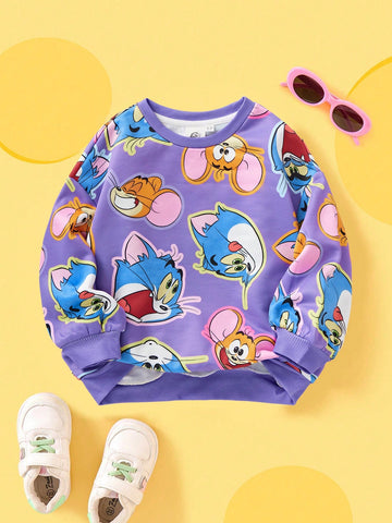 Young Girl Cartoon Print Casual Cute Crew Neck Sweatshirt