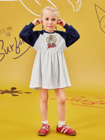 Young Girl Cartoon Retro American Letter Print Colorblock Raglan Sleeve Dress