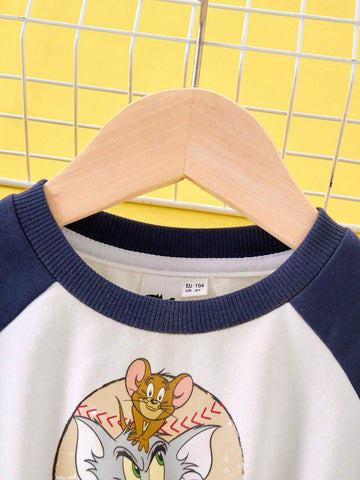 Young Girl Cartoon Retro American Letter Print Colorblock Raglan Sleeve Dress
