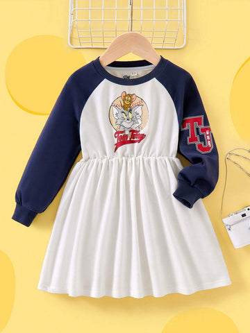 Young Girl Cartoon Retro American Letter Print Colorblock Raglan Sleeve Dress