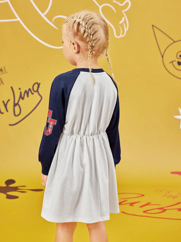Young Girl Cartoon Retro American Letter Print Colorblock Raglan Sleeve Dress