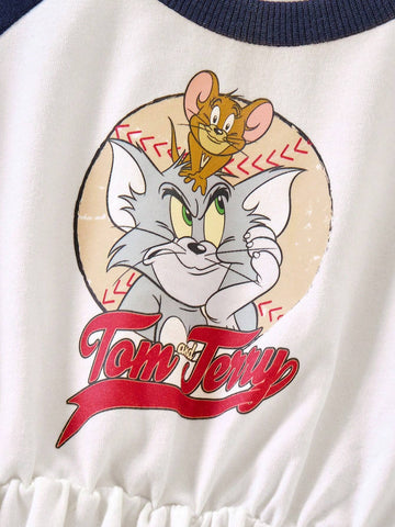 Young Girl Cartoon Retro American Letter Print Colorblock Raglan Sleeve Dress