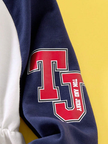 Young Girl Cartoon Retro American Letter Print Colorblock Raglan Sleeve Dress